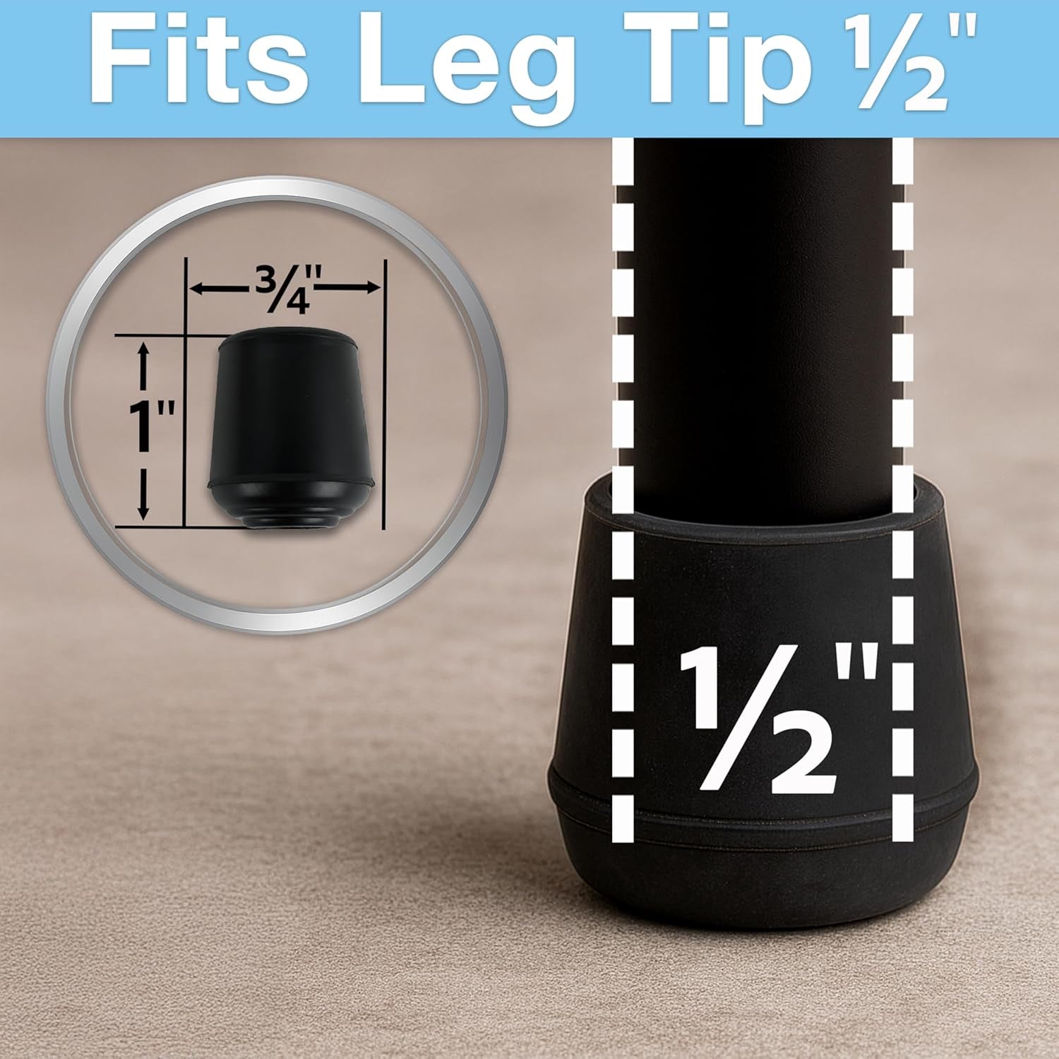 4 Pack Non-Slip round Rubber Leg Tip Protectors – 1/2" Inner Diameter for Chairs, Stools & Tables on Hardwood, Laminate, Tile & Vinyl - Reduce Noise & Prevent Scratches – Black