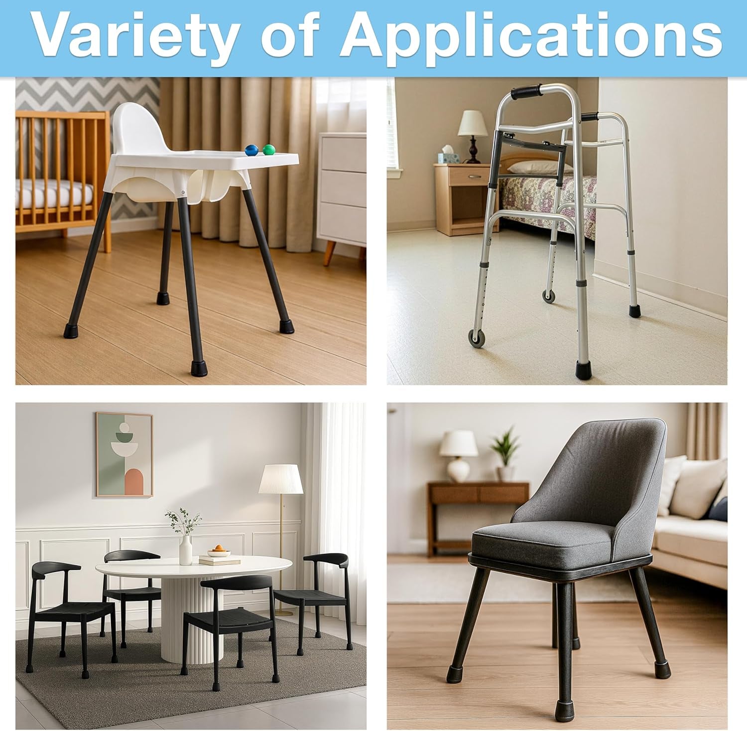 4 Pack Non-Slip round Rubber Leg Tip Protectors – 1/2" Inner Diameter for Chairs, Stools & Tables on Hardwood, Laminate, Tile & Vinyl - Reduce Noise & Prevent Scratches – Black